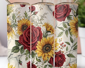 Envoltura para vaso con diseño de girasol y rosa roja, sublimación de vaso delgado de 20 oz, envoltura floral rústica PNG, descarga digital