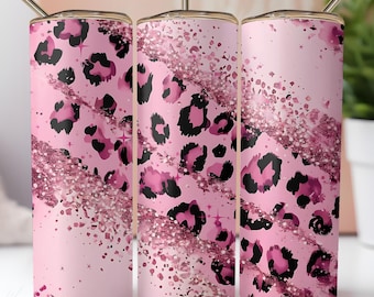 Pink Leopard Print Tumbler Wrap PNG 20 oz Skinny Sublimation Sparkle Glitter Effect Design Instant Digital Download