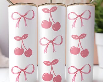 Pink Cherry Bow Tumbler Wrap 20 oz Skinny Sublimation PNG Cute Girly Coquette Retro Aesthetic Design Instant Digital Download