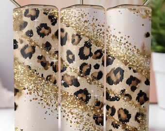 Luipaardprint Tumbler Wrap PNG 20 oz Skinny Sublimation Gold Sparkle Glitter Effect Design Instant Digitale Download
