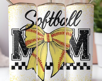 Softball Coquette Mom Tumbler Wrap Yellow Bow Sports Fan Mom Life Design 20 oz Skinny Tumbler Wrap Sublimation PNG Instant Digital Download