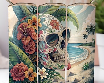 Tropical Skull Beach Tumbler Wrap PNG 20 oz Skinny Sublimation Design Summer Floral Skull Digital Download