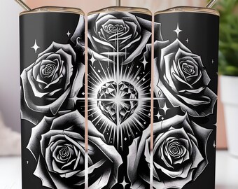Black Gothic Rose Diamond Heart Tumbler Wrap PNG for 20 oz Sublimation Design PNG Instant Digital Download