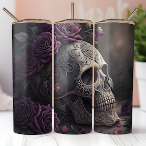 Gothic Skull Purple Roses Tumbler Wrap PNG 20 oz Dark Aesthetic Sublimation Design Instant Digital Download