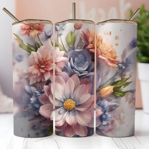 Floral Tumbler Wrap 20oz Skinny Sublimation Watercolor Flowers PNG Spring Tumbler Design Instant Digital Download