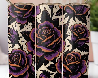 Tattoo lila und orange Gothic Rosen Becher PNG 20 Unzen Skinny Sublimation Design Dark Floral PNG Sofortiger digitaler Download