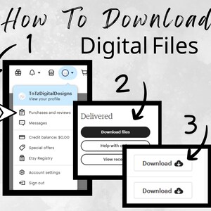 Puede incluir: Una gu&iacute;a paso a paso sobre c&oacute;mo descargar archivos digitales. La imagen muestra una serie de capturas de pantalla con pasos numerados, incluyendo los botones "Descargar archivos" y "Descargar". El texto "How To Download Digital Files" est&aacute; en la parte superior.