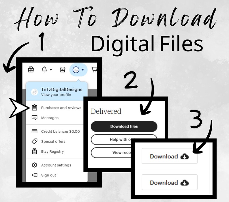 Puede incluir: Una gu&iacute;a paso a paso sobre c&oacute;mo descargar archivos digitales. La imagen muestra una serie de capturas de pantalla con pasos numerados, incluyendo los botones "Descargar archivos" y "Descargar". El texto "How To Download Digital Files" est&aacute; en la parte superior.