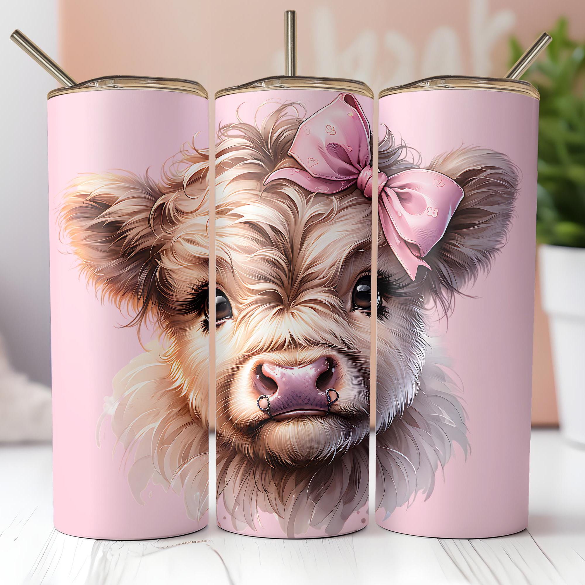 Highland Cow Tumbler Wrap Pink Bow Coquette Farm Animal Watercolor Art Design 20 oz Skinny Sublimation PNG Instant Digital Download