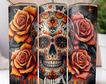 Sugar Skull Halloween Tumbler Wrap 20oz Skinny Tumbler Sublimation Design Day of the Dead PNG Instant Digital Download