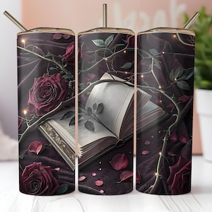 Donkere romantiek leesgrage 20oz Tumbler Wrap PNG-sublimatieontwerp Gothic Floral Rose Instant Digitale Download