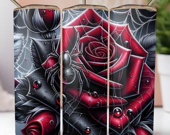 Halloween Tumbler Wrap PNG Gothic Red Black Roses Spider 20oz Skinny Tumbler Sublimation Design Dark Floral Cobweb Instant Download