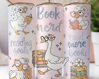 Design di lettura a sublimazione Book Nerd Goose per tumbler sottile da 20 once / Obiettivi di lettura pastello carini Download digitale PNG