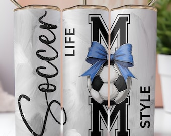 Vaso de fútbol con diseño de coqueta, para fanáticos de los deportes, mamá, lazo azul, PNG, 20 oz, diseño de sublimación delgado, descarga digital instantánea
