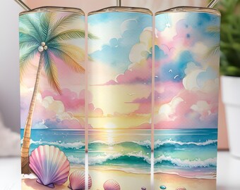 Beach Tumbler Wrap PNG Pastel Ocean Sunset Design 20 oz Skinny Instant Digital Download