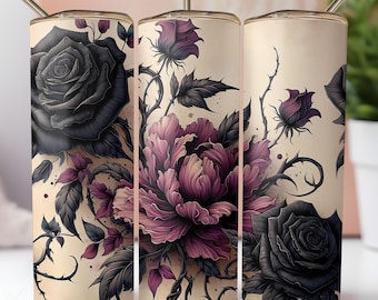 Gothic Black Rose Plum Peony Floral Tumbler Wrap PNG 20 oz Skinny Sublimation Design Instant Digital Download