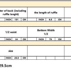 May include: A chart with measurements in inches and centimetres for a top, dress, and pocket. The chart includes measurements for length, width, and size.