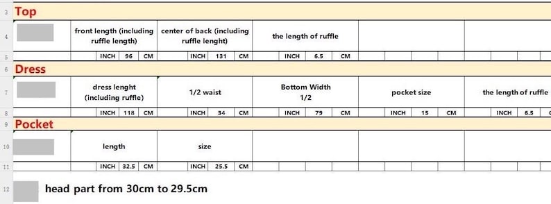 May include: A chart with measurements in inches and centimetres for a top, dress, and pocket. The chart includes measurements for length, width, and size.