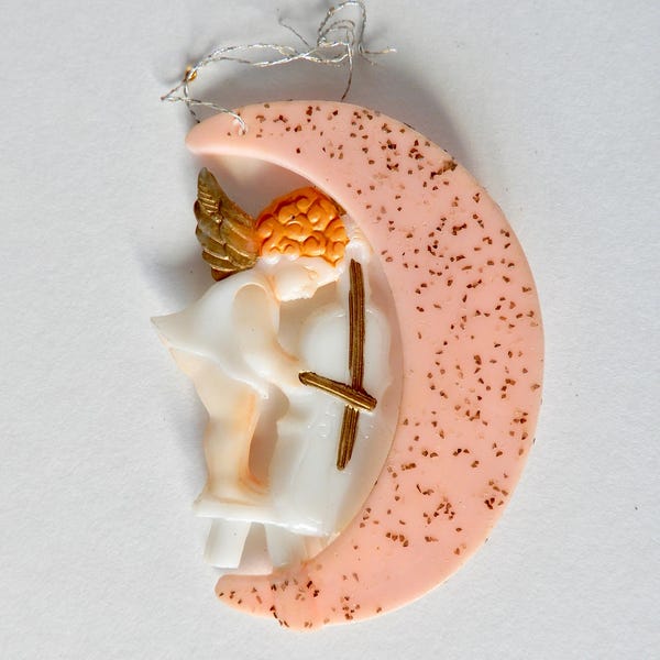 Vintage Celluloid Angel Ornament: Pink Crescent Moon, Made in Japan