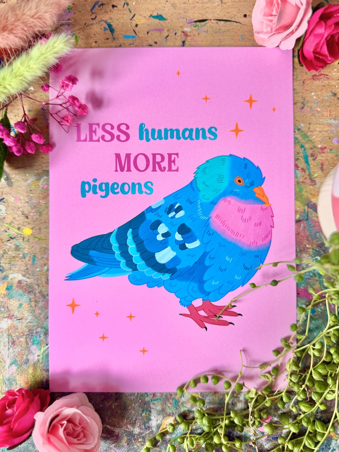 Less Humans, More Pigeons Art Print - Crafted in Chaos - Quirky Art ...