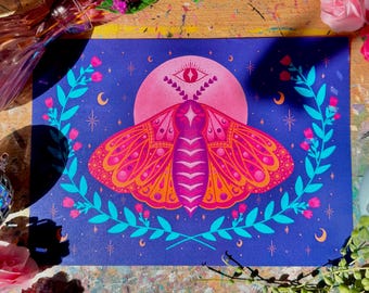 Moon Moth Art Print - Crafted in Chaos - Witchy Wall Art - Whimsical Art