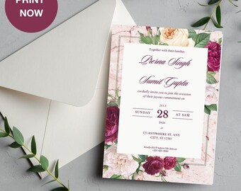 Garden Flowers Wedding Invitation Template, Wildflower Wedding Invite, Colorful Spring Floral Printable Elegant EDITABLE Download