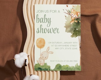 May include: A green and white baby shower invitation with a cute bunny holding a balloon and a fox peeking out from behind a tree. The invitation reads "Join us for a baby shower" and includes the date, time, and location of the event. RSVP to Eliza at 123-456-7890.