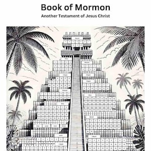 Könnte beinhalten: Schwarz-weiß-Illustration einer Pyramide mit den Namen der Bücher des Buches Mormon, die auf jeder Ebene geschrieben sind. Die Pyramide ist von Palmen umgeben.