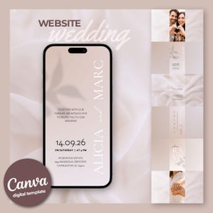 Può includere: Modello digitale di invito di nozze su smartphone. Il design presenta i nomi "Alicia and Marc", i dettagli del matrimonio e il testo "Website Wedding". Un logo Canva digital template è visibile.