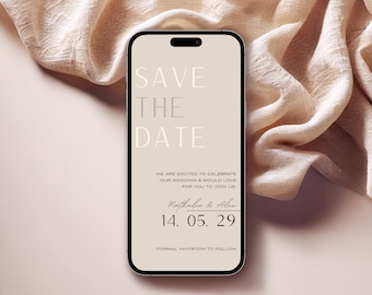 Plantilla digital minimalista para guardar la fecha de boda / Editable y personalizable / Invitación de WhatsApp DIY / Beige neutro / Descarga instantánea