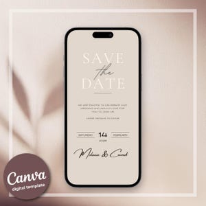 Può includere: Uno smartphone mostra un invito di nozze digitale. Il testo "SAVE the DATE" è presentato con una tipografia elegante. Sono inclusi i dettagli del matrimonio e i nomi "Melanie & Conrad". Il logo Canva è visibile.