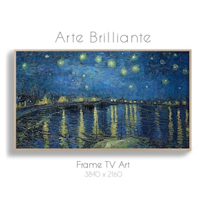 Puede incluir: Una impresión enmarcada de una noche estrellada sobre un río, con el texto "Arte Brillante" en la parte superior. La obra de arte presenta un cielo azul oscuro con estrellas amarillas y reflejos en el agua. El texto "Frame TV Art 3840 x 2160" está en la parte inferior.