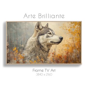 Könnte beinhalten: Ein Gemälde eines Wolfes in einer Waldlandschaft. Der Wolf ist grau und weiß mit einer braunen Nase und blickt nach rechts. Der Hintergrund ist ein verschwommener Wald aus grünen und braunen Bäumen und Blättern.