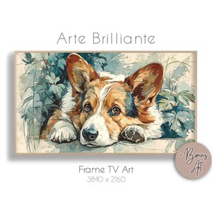 Könnte beinhalten: Aquarellmalerei eines Corgi-Hundes mit braun-weißem Fell, der seinen Kopf auf einer Oberfläche ablegt. Das gerahmte Kunstwerk enthält den Text "Arte Brillante" und "Frame TV Art 3840 x 2160". Eine Bonus-Grafik ist ebenfalls enthalten.