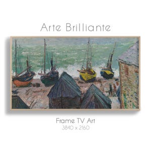 Könnte beinhalten: Ein Gemälde, das eine Meereslandschaft mit mehreren Booten zeigt, die in einem Hafen liegen. Die Boote sind in verschiedenen Blautönen, Grüntönen und Gelbtönen gehalten. Das Wasser ist leuchtend grün und blau, und der Himmel ist hellblau. Das Gemälde ist in einem Holzrahmen gerahmt.
