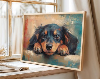 Impression d'art de portrait de chien teckel dans un style vintage téléchargement instantané fichier d'impression haute résolution cadeau pour les amoureux des chiens