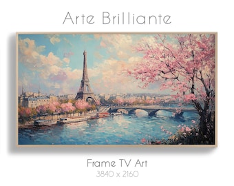 May include: A painting of the Eiffel Tower in Paris, France. The tower is in the background, with a river in the foreground. There are trees with pink blossoms on both sides of the river. The sky is blue with white clouds. The painting is titled "Arte Brillante".