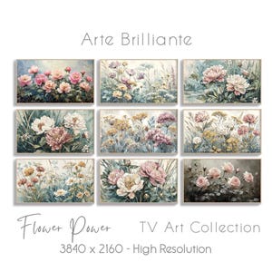 Könnte beinhalten: Neun gerahmte Kunstdrucke mit Blumenmotiven. Die Drucke zeigen Aquarellmalereien verschiedener Blumen in Rosa-, Weiß-, Gelb- und Lilatönen. Der Text "Arte Brillante" und "Flower Power TV Art Collection" ist oberhalb und unterhalb der Drucke zu sehen.