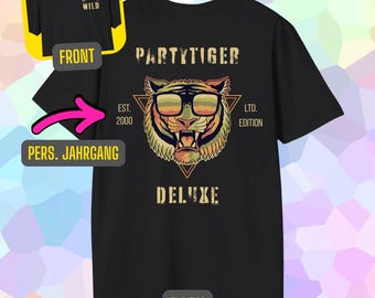 Wild Party Tiger Birthday Year T-Shirt, Customizable, Personalize Birth Year, Individual Birthday Gift for Friends, Party Lovers, Edgy Shirt