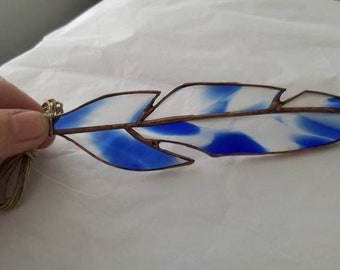 Stained Glass Feather: Blue, White & Clear Art Glass - Copper Finish