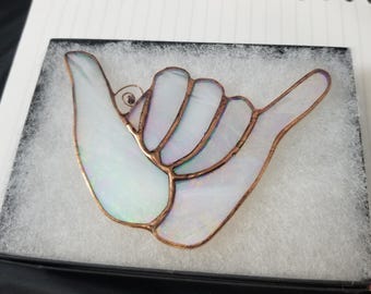 Shaka de vitral branco iridescente - Apanhador de sol Hang Loose