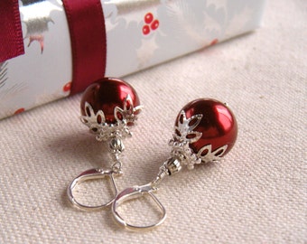 Red Christmas Earrings, Christmas Earrings, Christmas Ornament Earrings, Holiday Earrings, Red and Silver, Cocktail Party