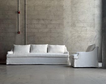 Mid Century Modern Lose Removable Cover Couch | Zara home Style Minimalist Washable Cover  3 Seater Sofa