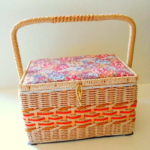 Vintage Singer Tapestry Topped Wicker Sewing  Box / Basket