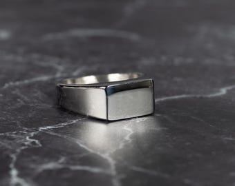 Silver Wide Rectangle Signet Ring. Men’s Thick Flat Top Steel Ring.