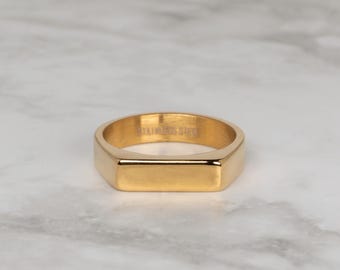 Flat Square Bar Top Gold Stainless Steel Ring – Minimalist 316L Men’s Signet Band, Gold Modern Jewelry