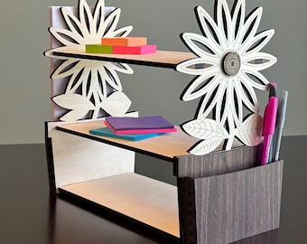 Estante organizador de escritorio con diseño floral: madera de tilo y nogal, decoración para el hogar y la oficina.