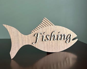 Letrero de pesca de nogal y tilo: decoración artesanal para cabaña (43 x 19,5 cm)