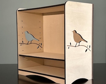Estante de exhibición con temática de aves