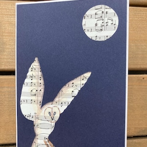 Tarjeta de búho a la luz de la luna, tarjeta de felicitación, búho, luna, tarjeta de búho, tarjeta en blanco, tarjeta de cumpleaños, luna creciente, luna llena, música, notas musicales, lechuza común